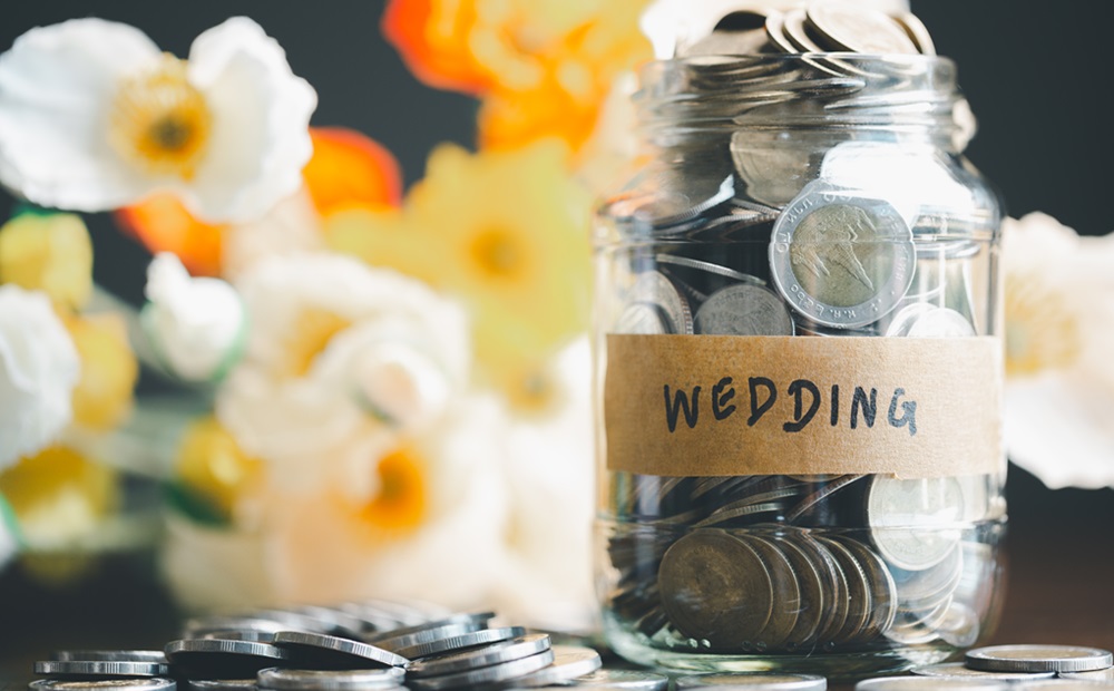 Save money for wedding and planning wedding concept Sustainable financial goal for family life or married life Miniature wedding on rows of rising coins depicts savings or growth for new family - Wedding & Events by Raymonde